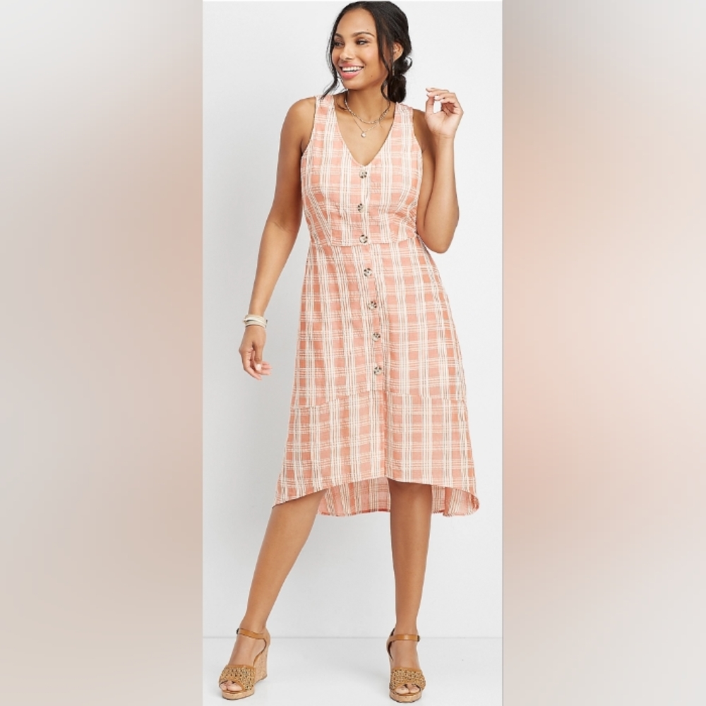 Maurices Button Front Plaid Woven High Low Dress